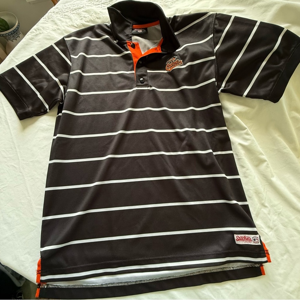 Baltimore Orioles MLB Stitches Black and White Striped Polo Orange Trim Men”s Sm